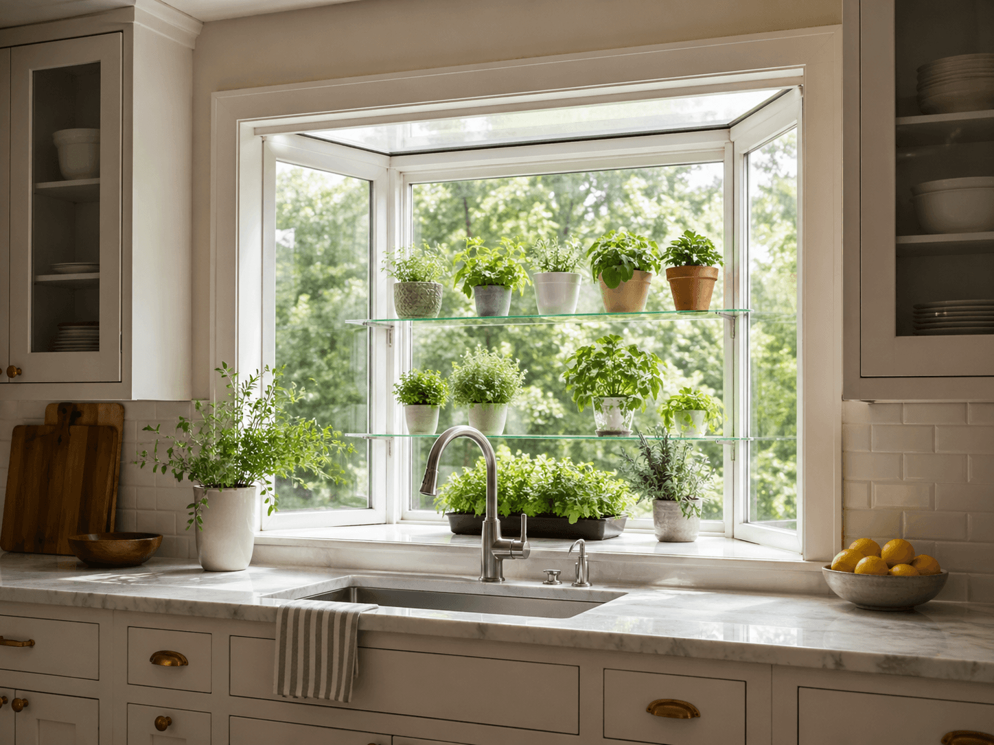 White garden window above a new-build kitchen sink with potted herbs