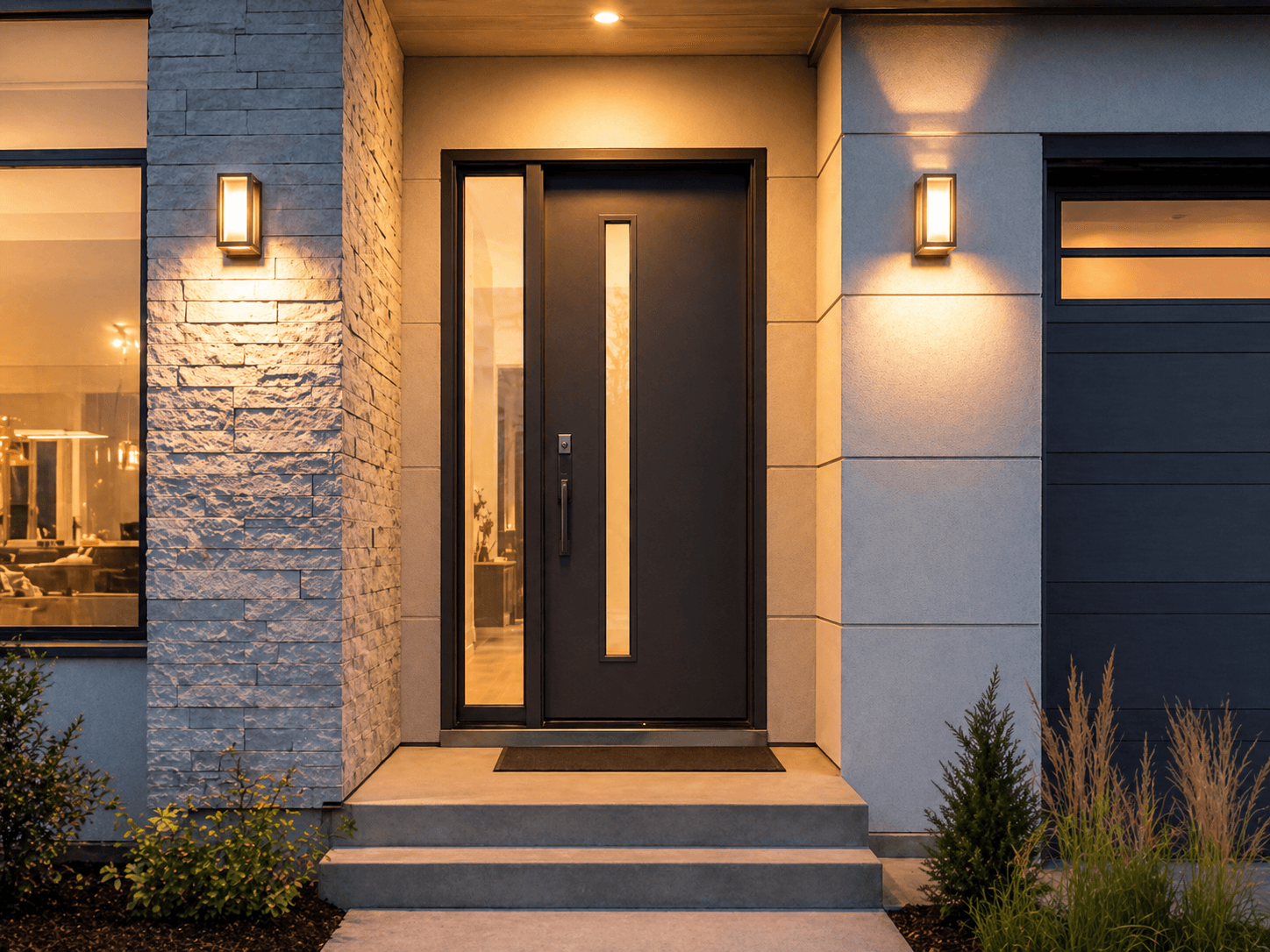 Modern dark entry door with vertical glass accents and warm entry lighting