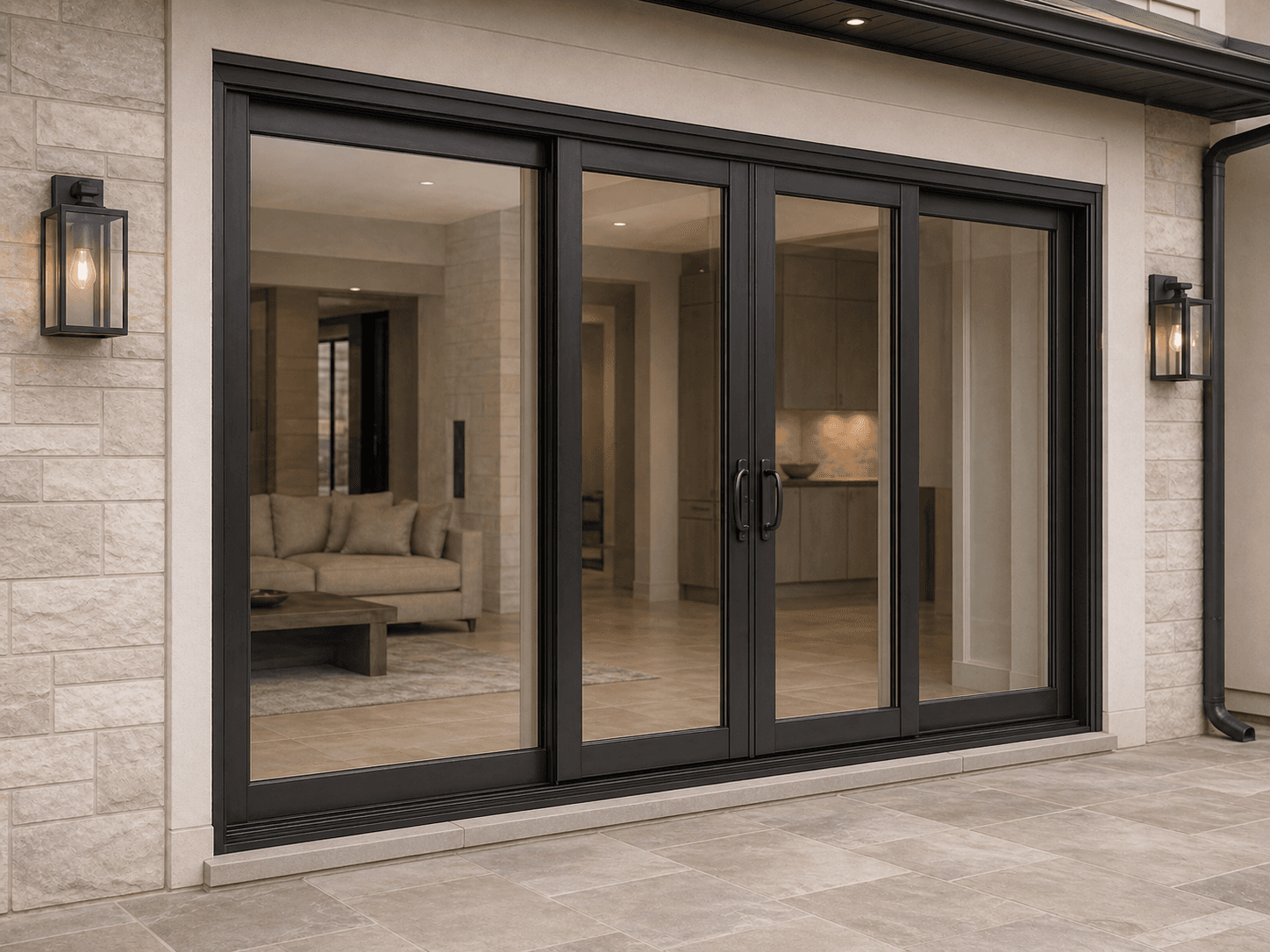 Large dark-framed sliding patio doors on a warm neutral property exterior